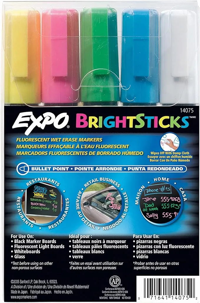 EXPO Bright Sticks Wet Erase Fluorescent Markers, Bullet Tip, Assorted Colors, 5 Count