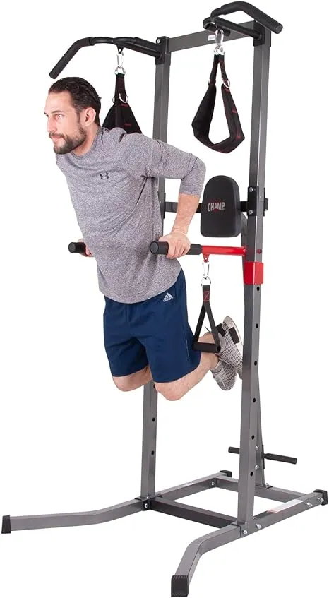 Power Tower 5 in 1 Exercise Equipment, Pull Up Bars, Squat Rack, Dips Machine & More. Sturdy Strength Training, All Body Workout, Adjustable Height, Home Gym, Handles Included, Family Workout,Grey