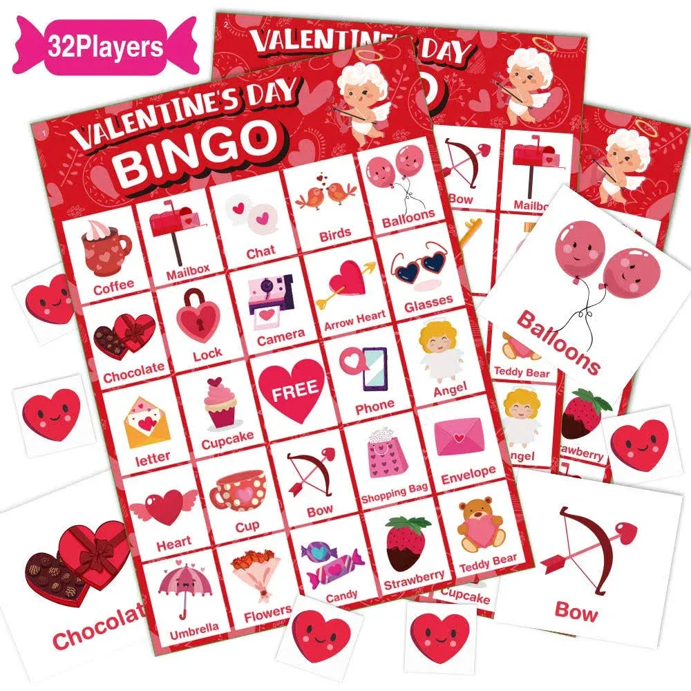 V-Opitos Valentines Day Bingo Game Card for Kids/Adults, 32 Players - Valentine ...