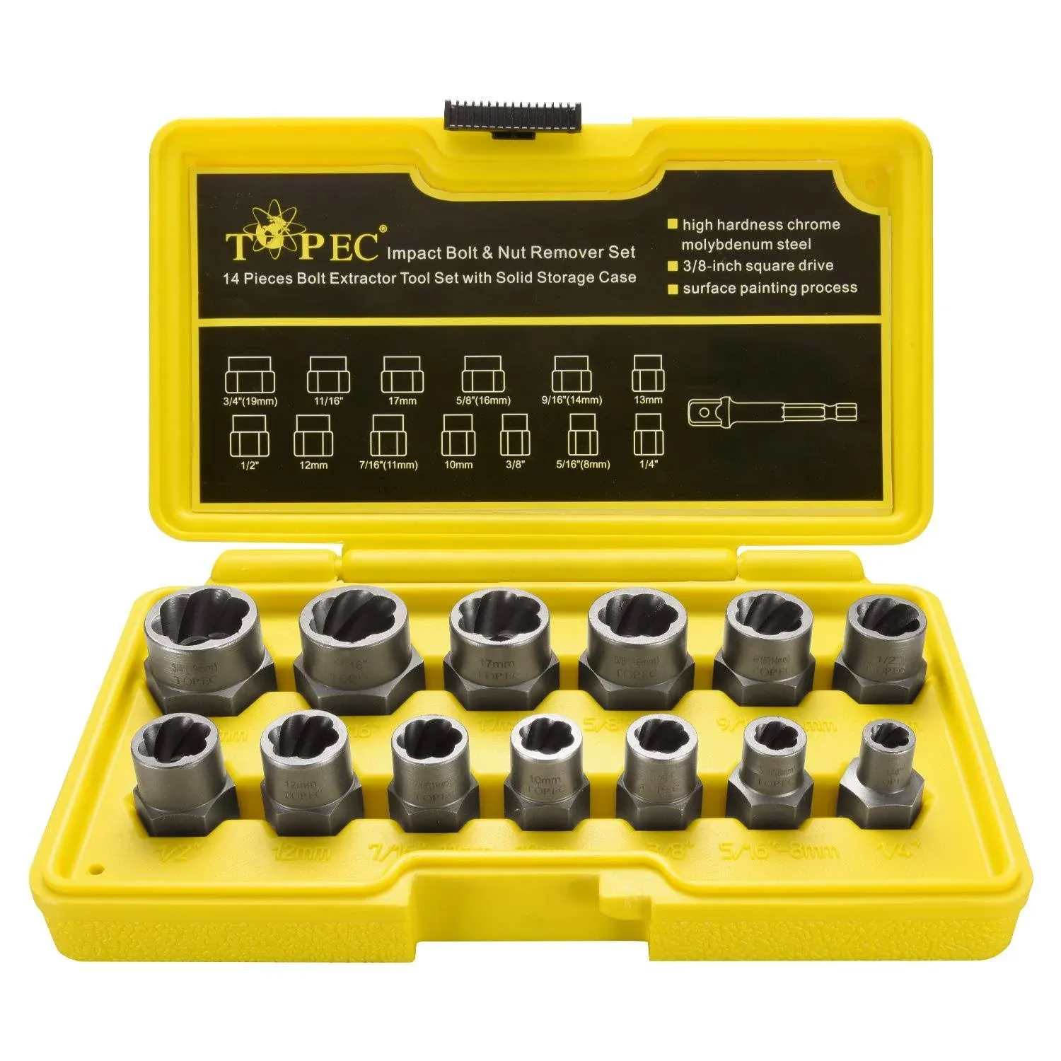 Topec 13+1 Piece Impact Bolt & Nut Remover Set - 3/8" Drive with Nut Extractor Socket, Hex Adapter, and Bolt Remover Tool for Damaged, Rusted, or Rounded-Off Bolts, Nuts, and Screws