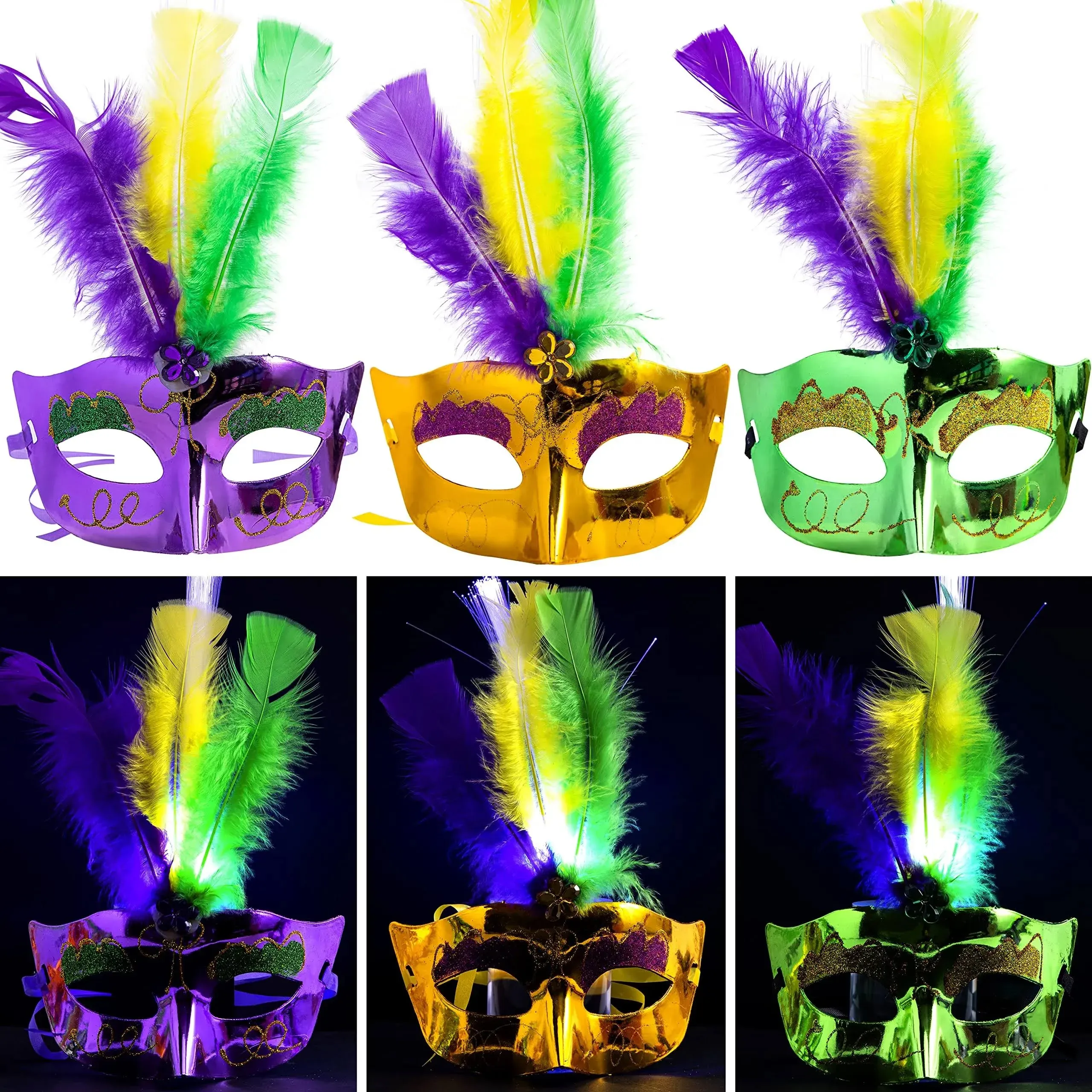 JOYIN 6 PCS LED Mardi Gras Feather Masks, Masquerade Costume Mask for Mardi Gras Party Supplies