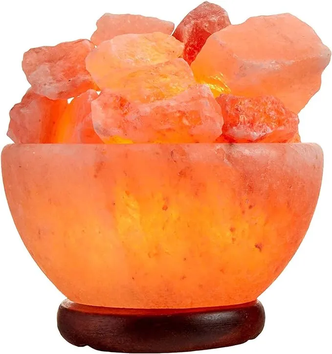 Spantik Himalayan Salt Lamp Bowl with Natural Crystal Chunks, Dimmer Cord and Classic Wood Base Premium Quality Authentic from Pakistan