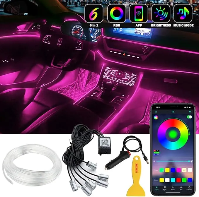 Interior Car LED Strip Lights, 6 in 1 Multicolor RGB Car Neon Ambient Lighting ...