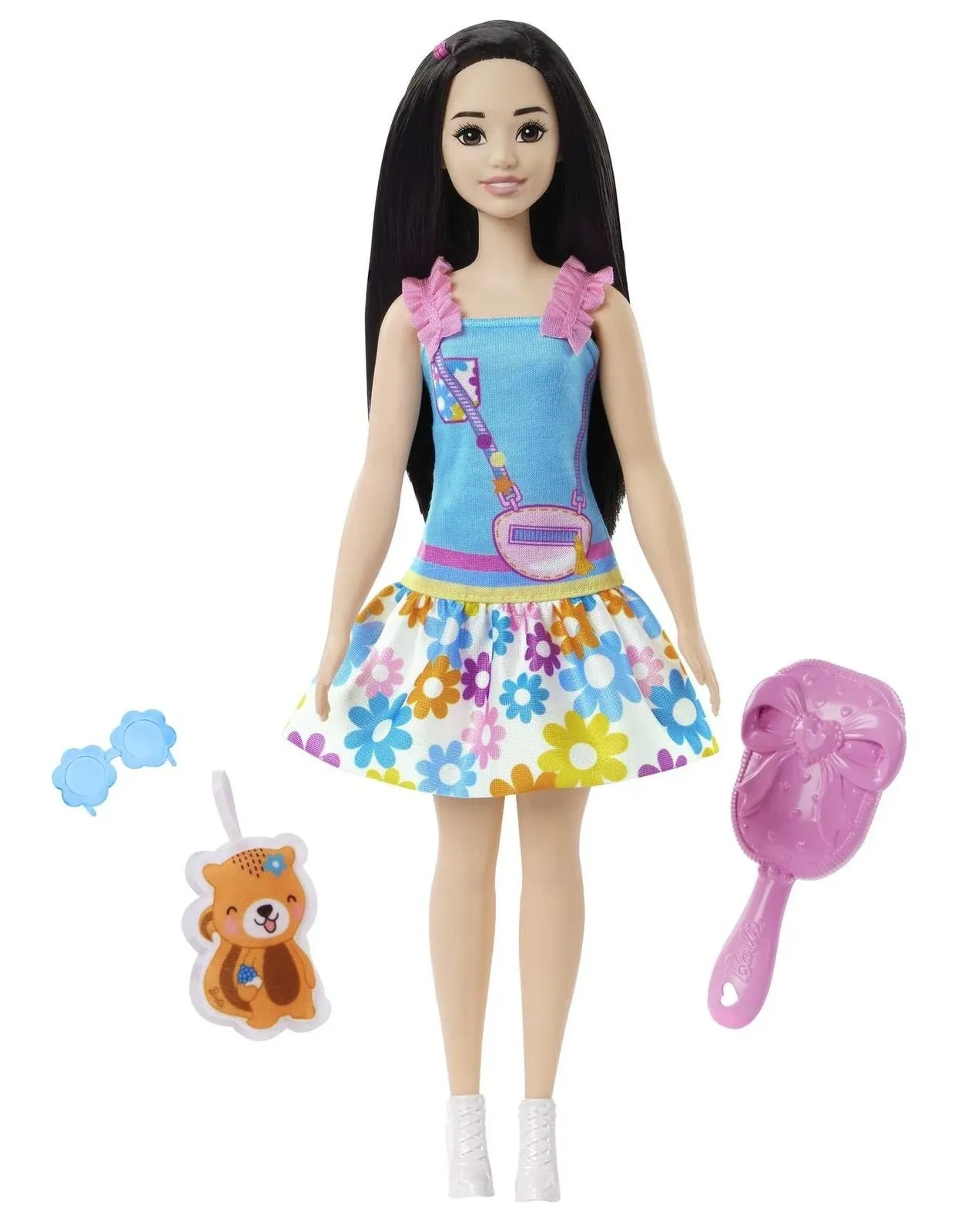 Barbie: My First Preschool Doll, Renee with 13.5-inch Soft Posable Body & Black Hair, Plush Squirrel & Accessories