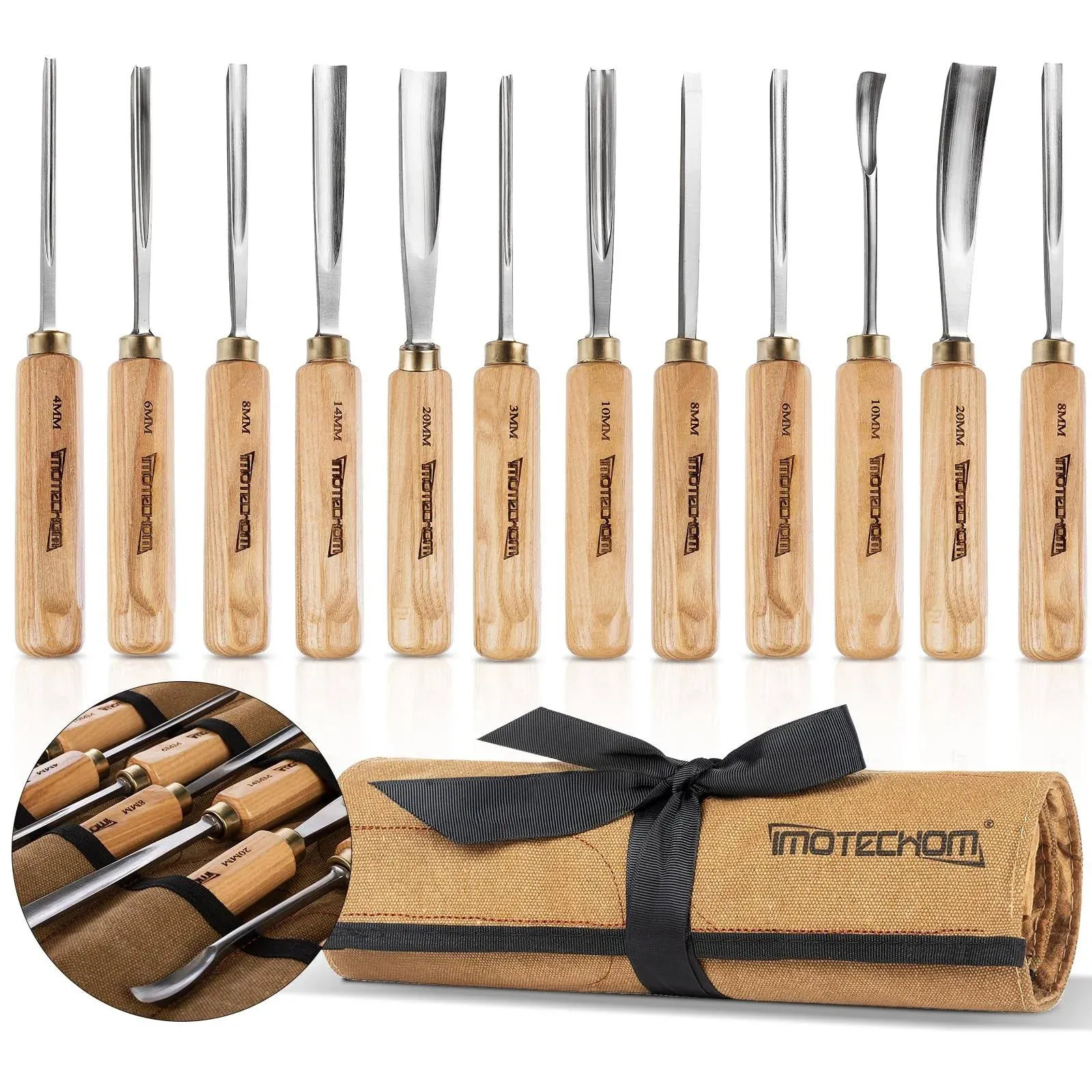 IMOTECHOM 12-Pieces Woodworking Wood Carving Tools Chisel Set with Canvas Bag, Razor Sharp CR-V 60 Steel Blades