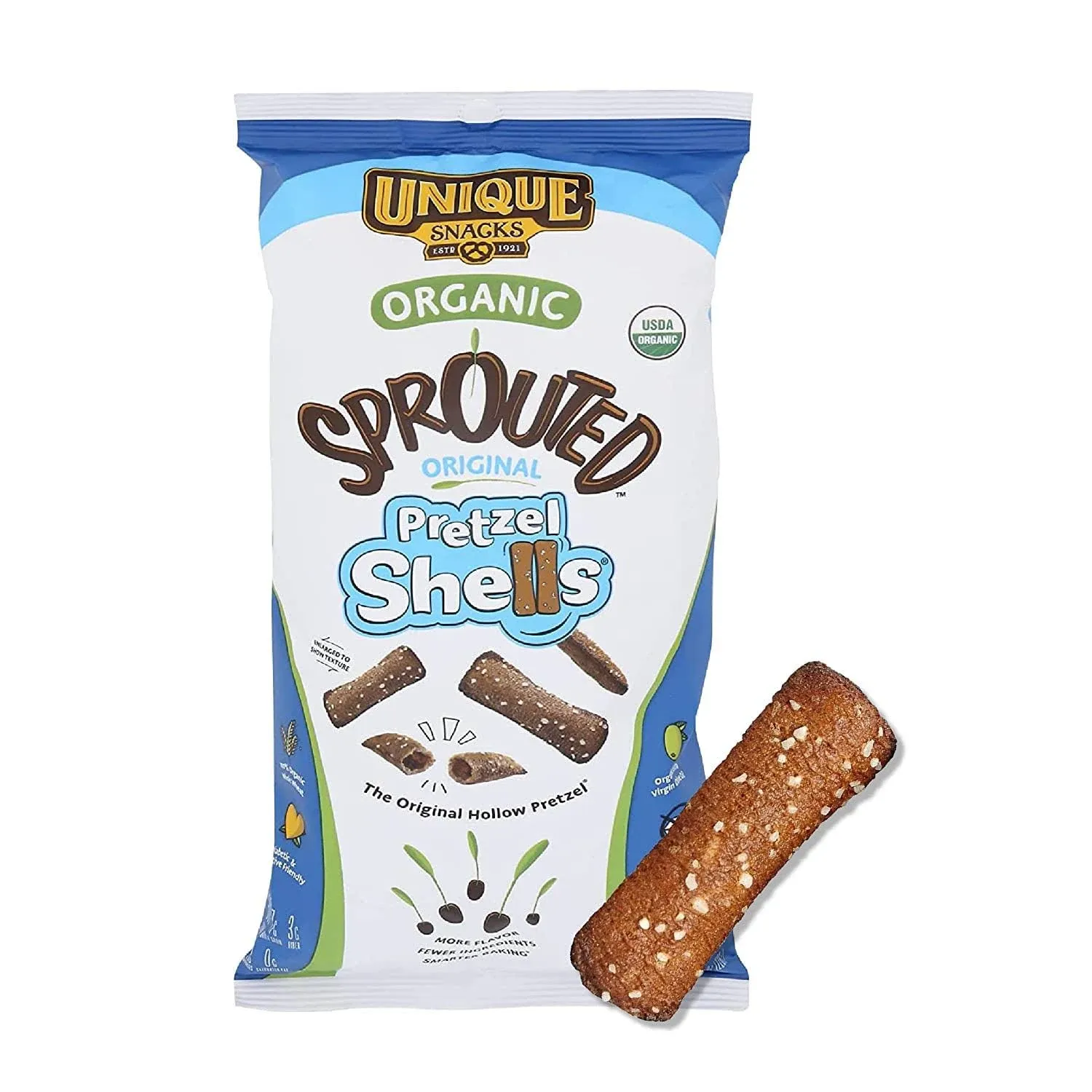 Unique Snacks Sprouted Pretzel Shells, Delicious Homestyle-Baked Snack Bag, Vegan, OU Kosher Pretzels, Non-GMO Office Snacks, 8 Oz. Bag, Pack of 3