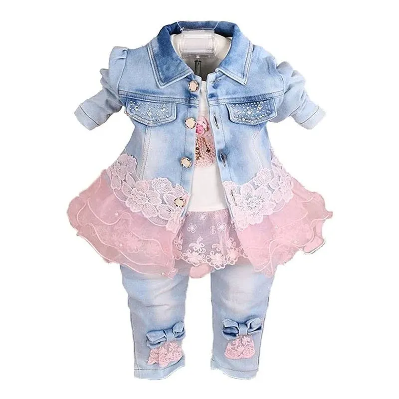 Yao Baby Girls Denim Clothing Sets 3 Pieces Sets T Shirt Denim Jacket and Jeans