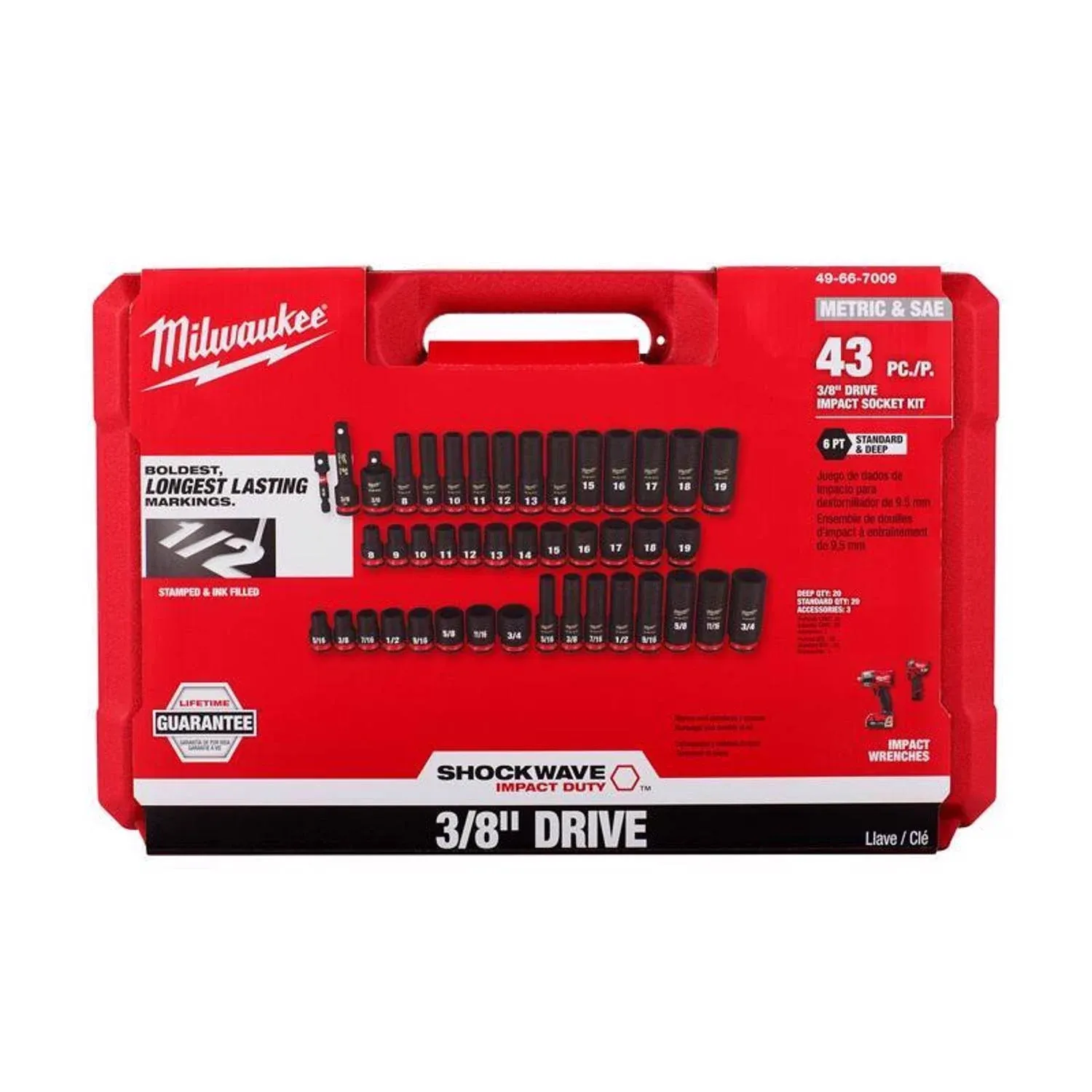 Milwaukee 49-66-7009 43-Piece Shockwave Impact Duty 3/8" Drive SAE & Metric Deep 6 Point Socket Set