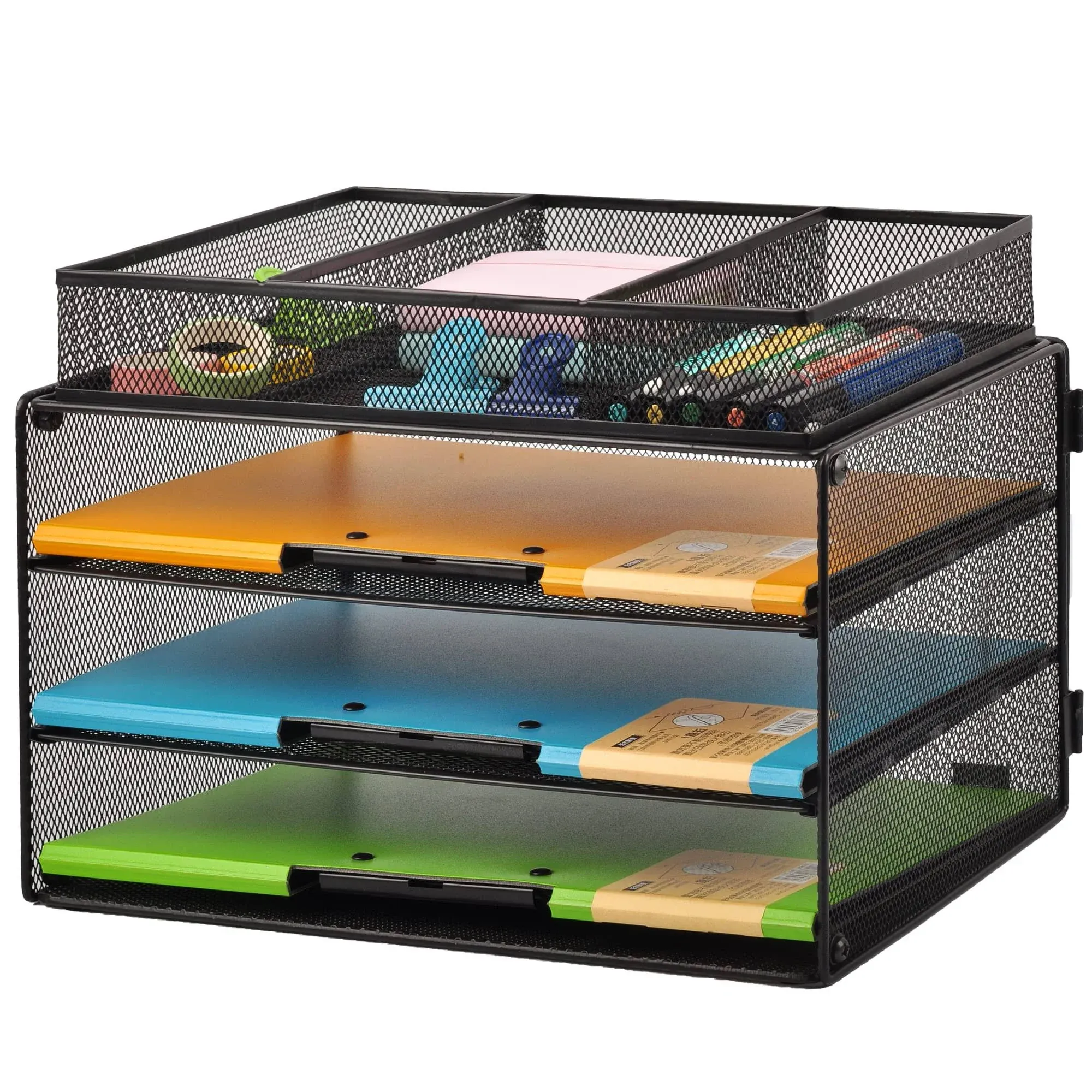 Paper Letter Tray Organizer, 3 Tier Mesh File Tray Desktop Paper Sorter with Drawer, Black