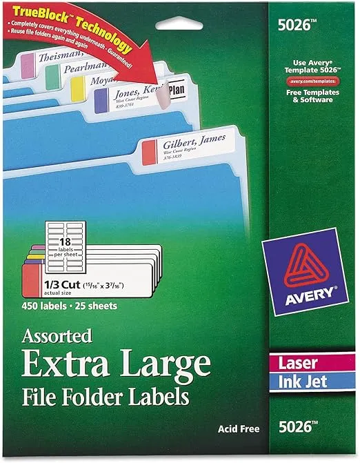 Avery TrueBlock Extra Large File Folder Labels, 15/16" x 3-7/16", 450 Printable Labels, Assorted Colors (5026)