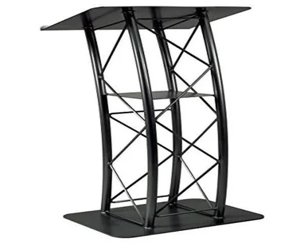 Displays2go Black Aluminum and Steel Truss Lectern with Curved Design and Built ...