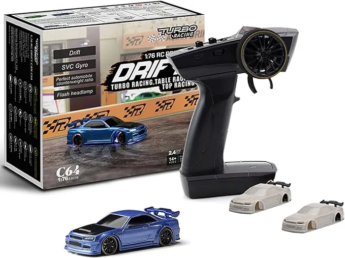 Turbo Racing 1:76 Scale Drift RC Car with Gyro Mini Full Proportional RTR 2.4GHZ Remote Control with 2 Replaceable Body Shell (C62 Cyan-Drift)