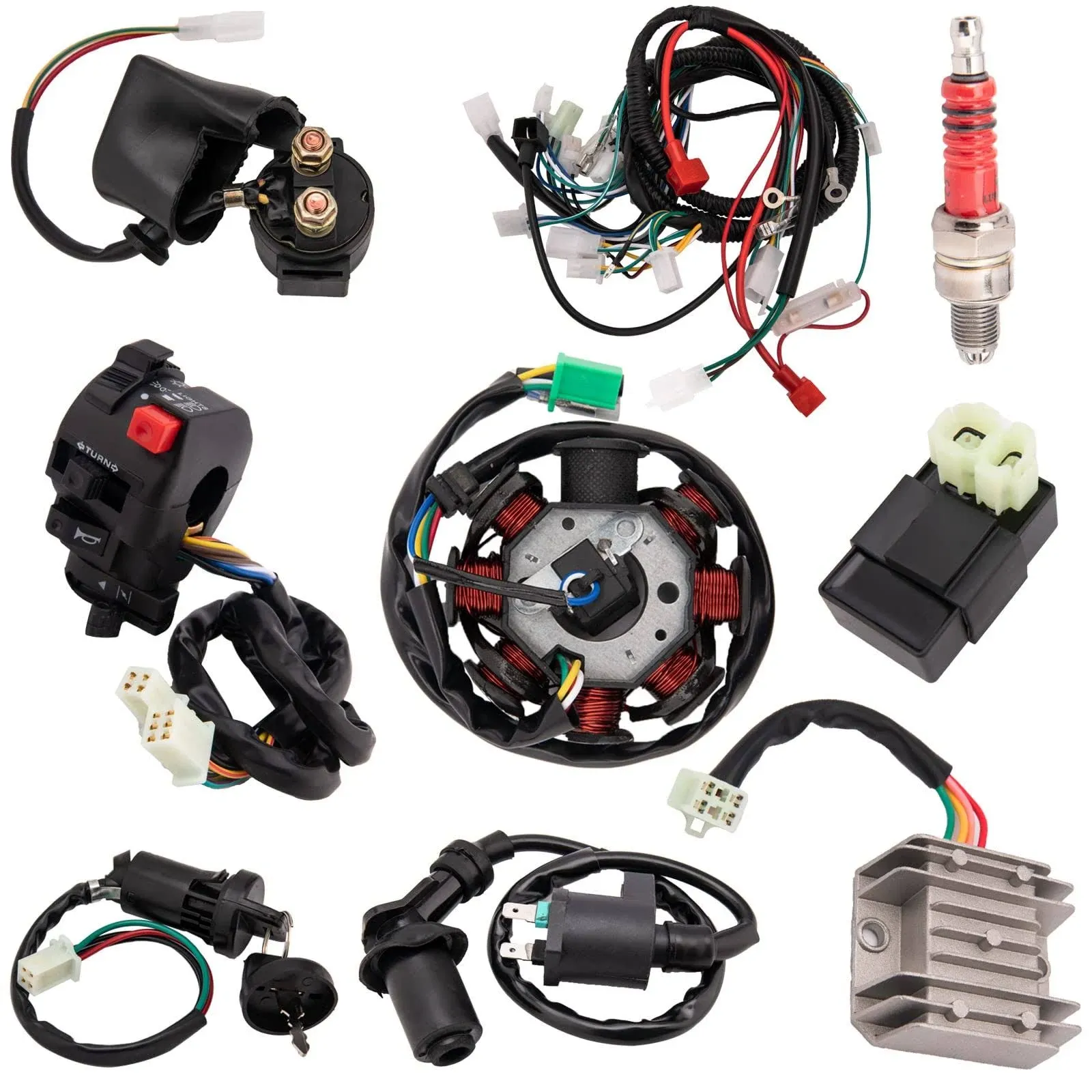 Complete Wiring Harness Kit for ATV 4-Stroke ATV Quad 150CC 200CC 250CC 300CC Quad Bike Buggy Go Kart Quad Wire Harness Complete Electrics Stator Coil CDI Solenoid Relay Spark Plug