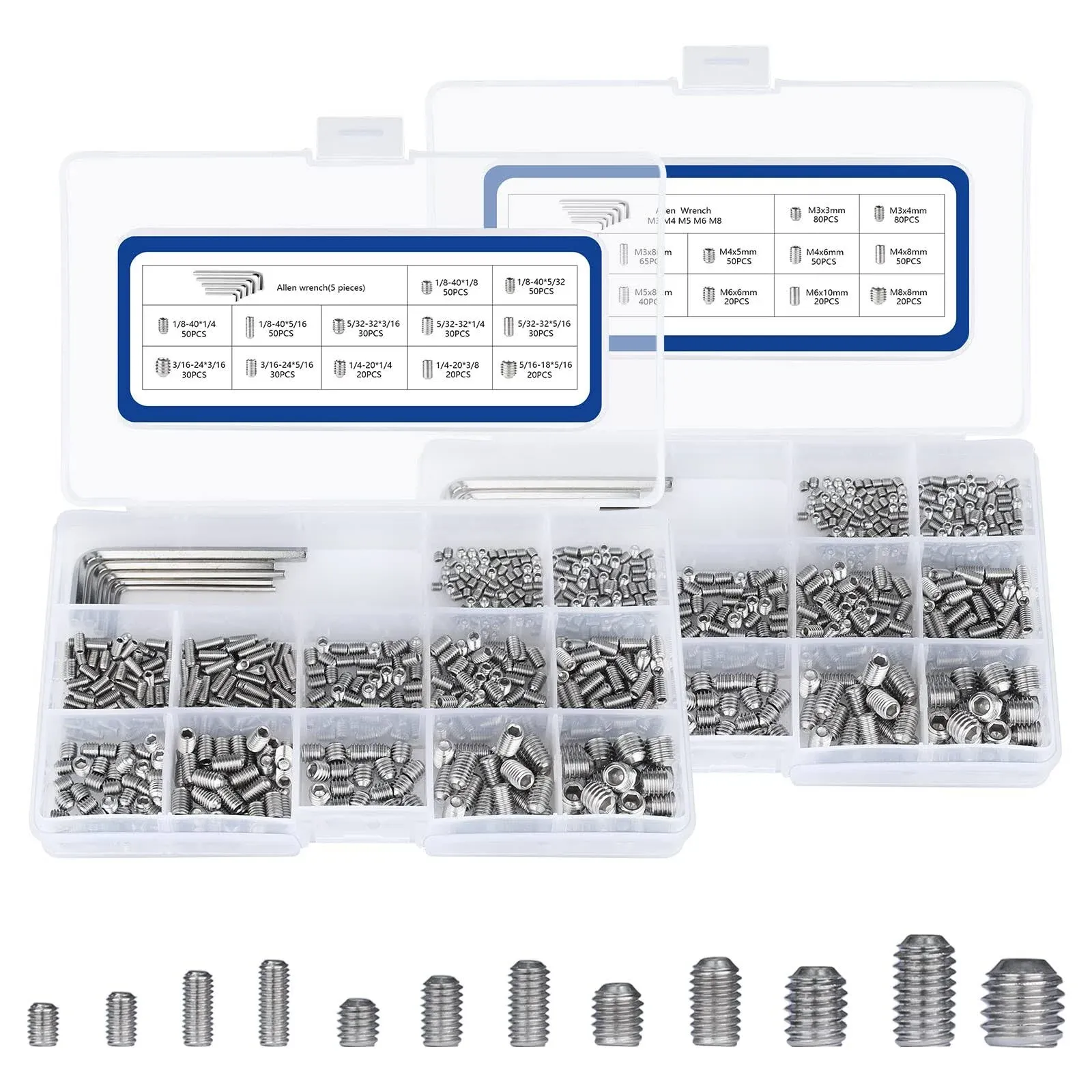 JROUTH 1000pcs Metric + SAE Set Screw Assortment Kit, Internal Hex Drive Cup ...