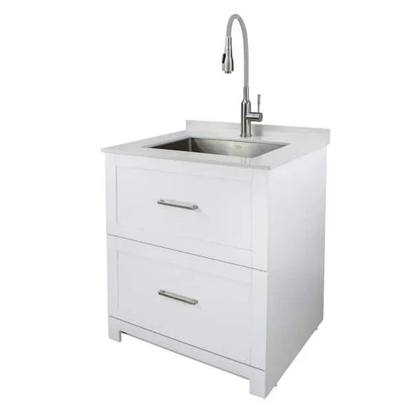 Transolid 29-in x 25.5-in 1-Basin White Freestanding Laundry Sink with Cabinet and Faucet