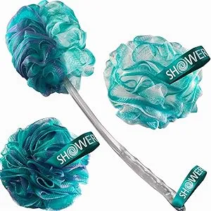 SHOWER BOUQUET 2-Sided-Loofah-Back-Scrubber & Bath-Sponge Set // 1-Long-Handle-Back-Brush Plus 2-Extra-Large 75g Soft Mesh Poufs, Men & Women - Exfoliate with Full Pure Cleanse in Bathing Accessories