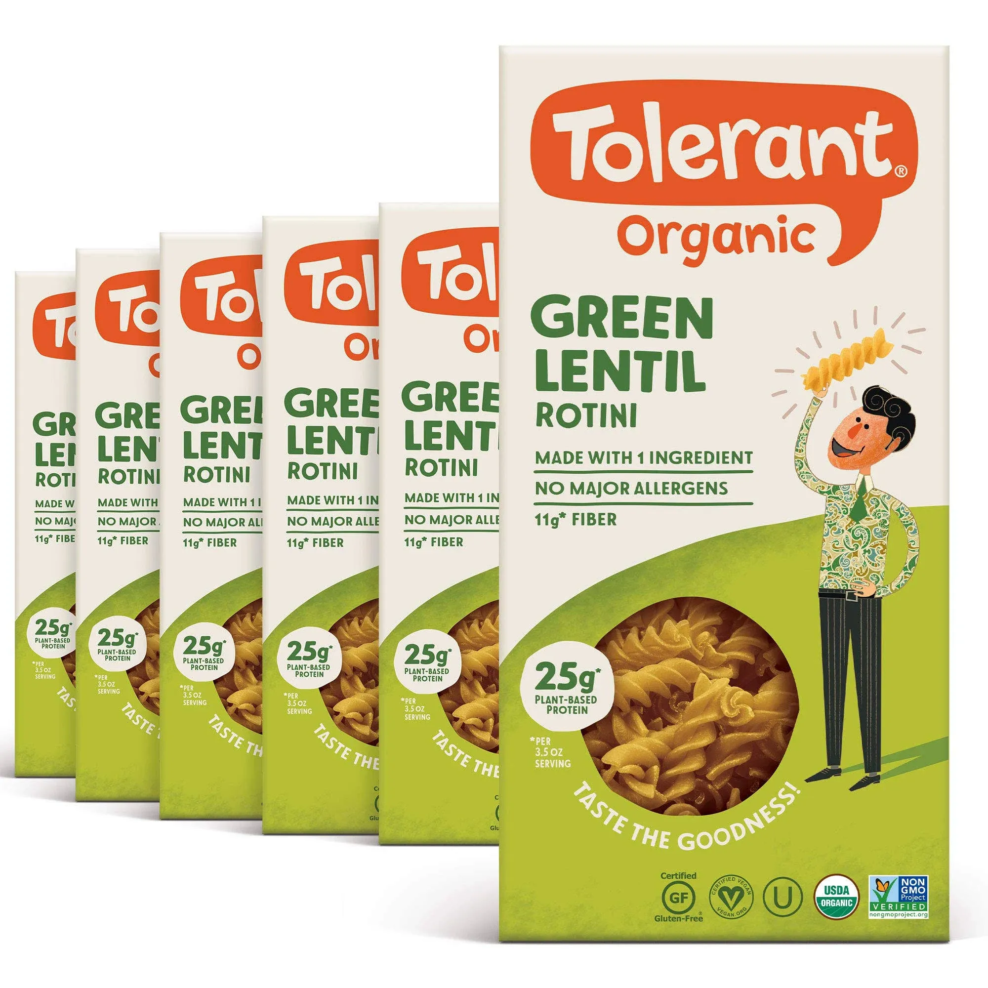 Tolerant Organic Green Lentil Rotini Pasta 8 oz (Pack of 6)