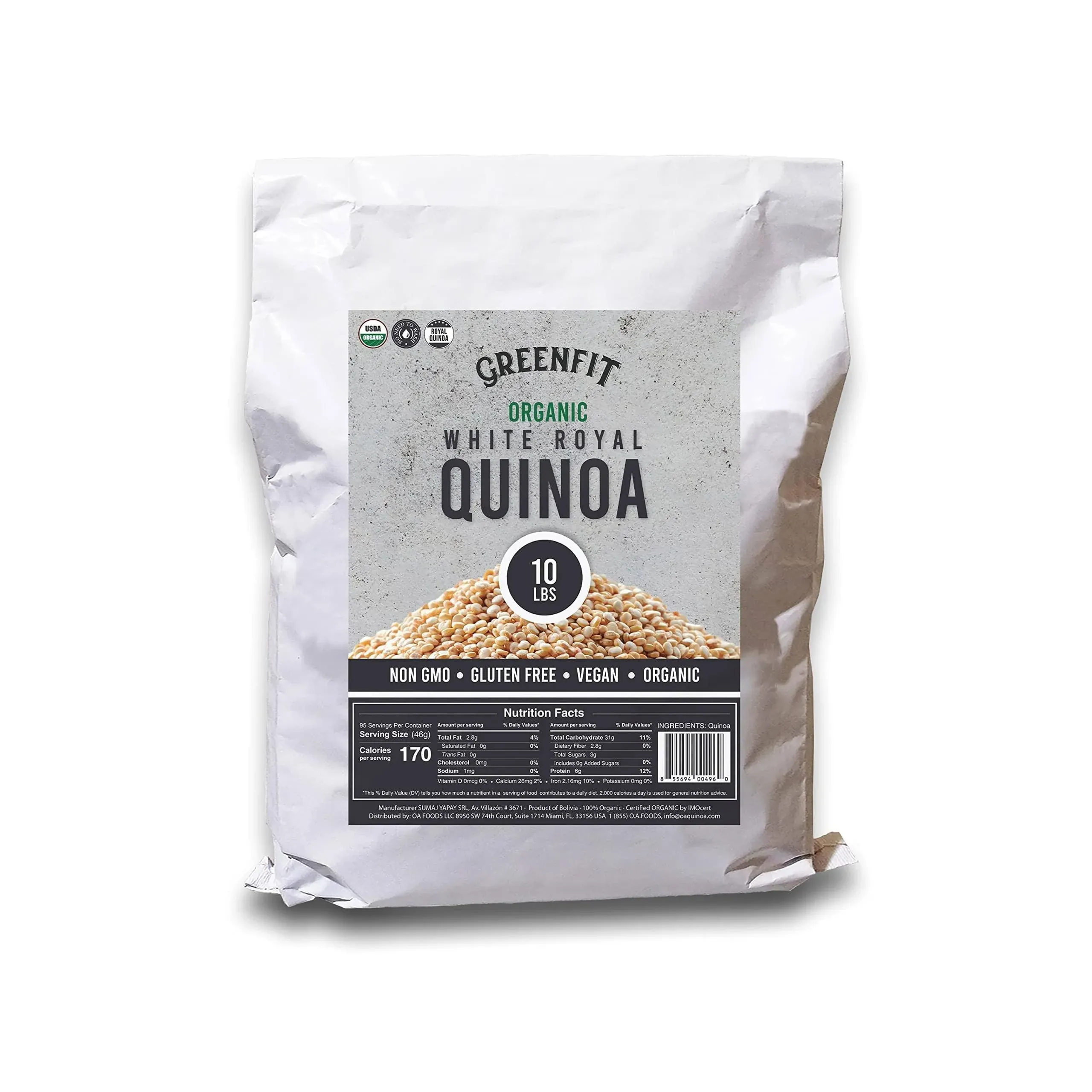 Royal Organic White Quinoa | OA Quinoa Now Greenfit | Non-GMO, Gluten-Free, Vegan, and Organic | Complete Protein, High Fiber, Low-Calorie White Quinoa | (10 Pound - Pack of 1)