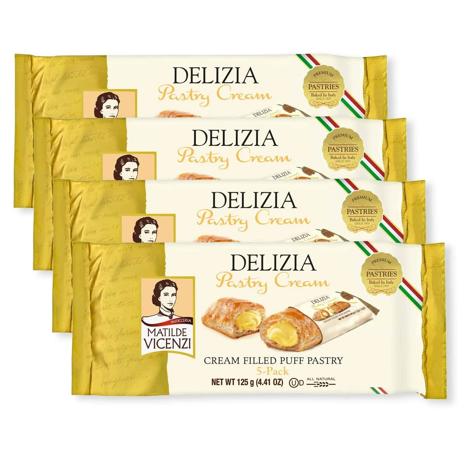 Delizia Pastry Cream by Pasticceria Matilde Vicenzi, Cream Filled Puff Pastry Patisserie Rolls, All-Natural, Kosher Dairy, Made in Italy - 4.41oz (125g) Box, 4-Pack