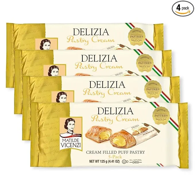 Delizia Pastry Cream by Pasticceria Matilde Vicenzi, Cream Filled Puff Pastry Patisserie Rolls, All-Natural, Kosher Dairy, Made in Italy - 4.41oz (125g) Box, 4-Pack