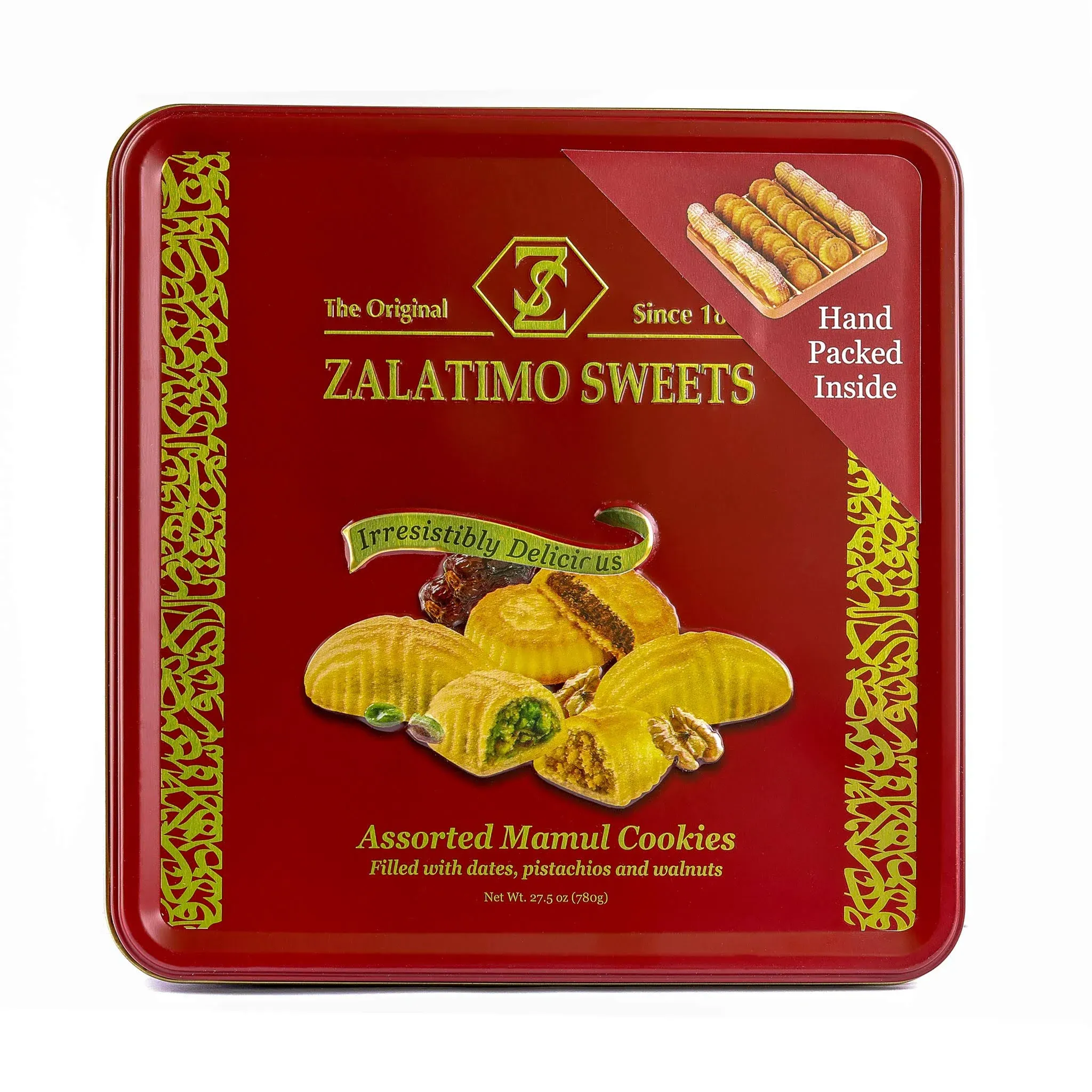 Zalatimo Sweets Since 1860, 100% All Natural Assorted Mamoul Shortbread Cookies, Square Metal Gift Tin, Slightly Sweet Cookies, Pistachio, Walnuts, Dates, No Preservatives, No Additives, 1.7Lbs