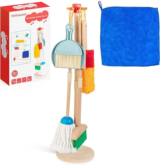 HELLOWOOD Kids Cleaning Set, 8pcs Housekeeping Play Set Includes Broom Mop Duster Dustpan Brushes Rag and Organizing Stand, Cleaning Toys Gift for Toddlers Girls Boys Age 3-6, Solid Beech Wood