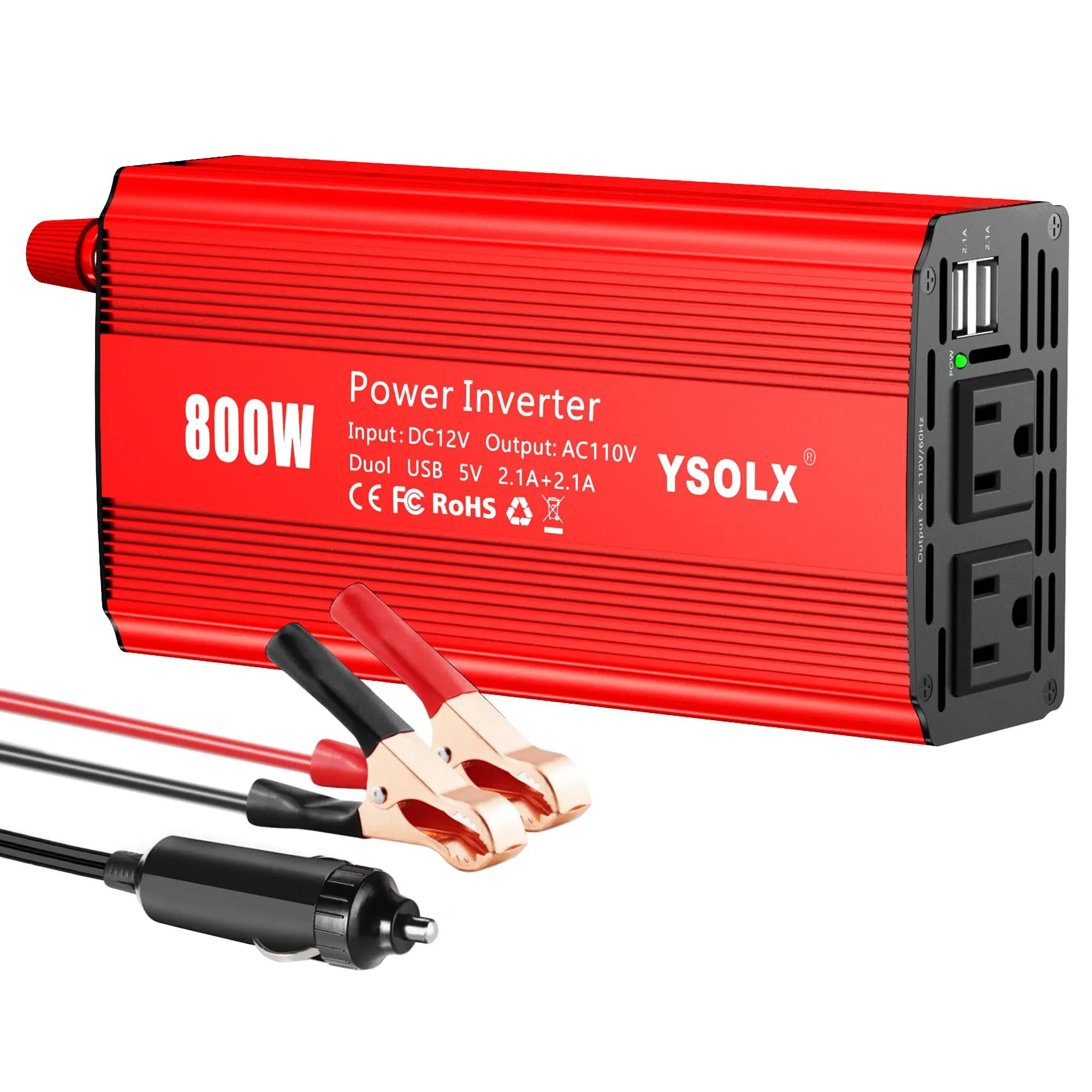 YSOLX 800W Power Inverter DC 12V to 110v AC Converter, Peak 1600W, 4.2A Dual USB Ports, Dual AC Outlet, Power Inverters for Vehicles, RV, Home, Camping