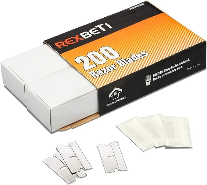 REXBETI 200PCS Single Edge Razor Blades, Industrial Razor Blades for Scraper, Suitable for Removing Labels, Decals, Stickers and Old Paint