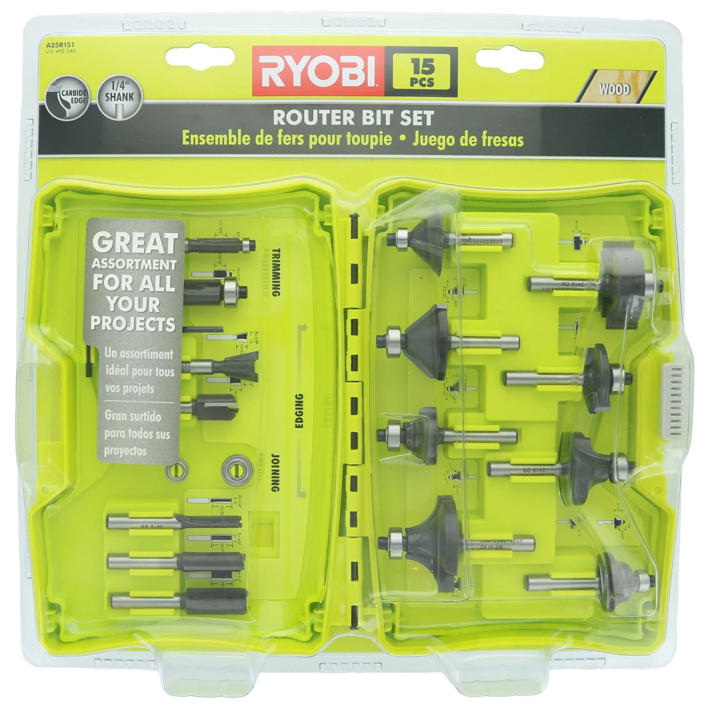 Ryobi A25R151 Shank Carbide Router Bit Set (15-Piece)