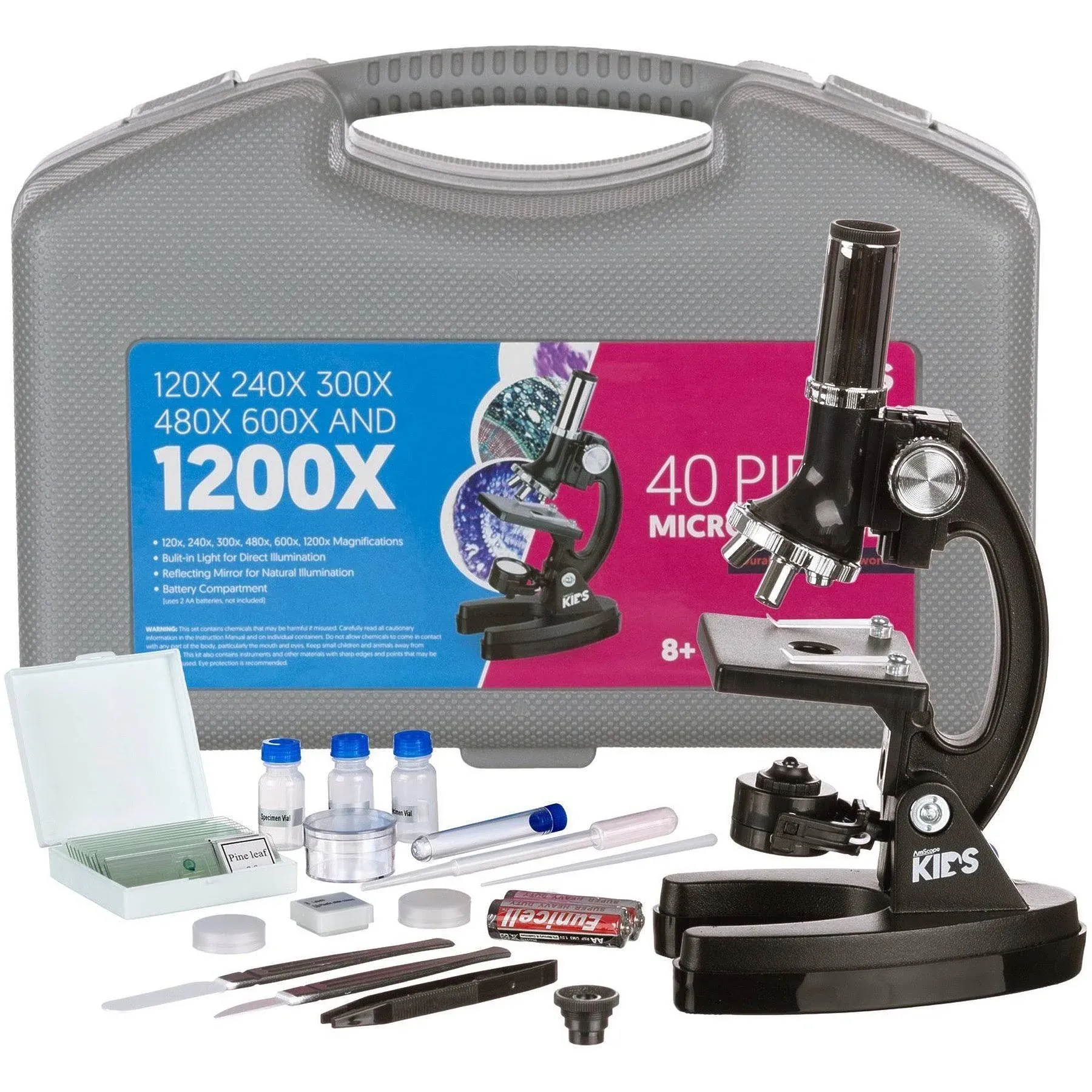 Amscope 300X-600X-1200X 48 Piece Educational Beginner Biological Microscope Kit ...