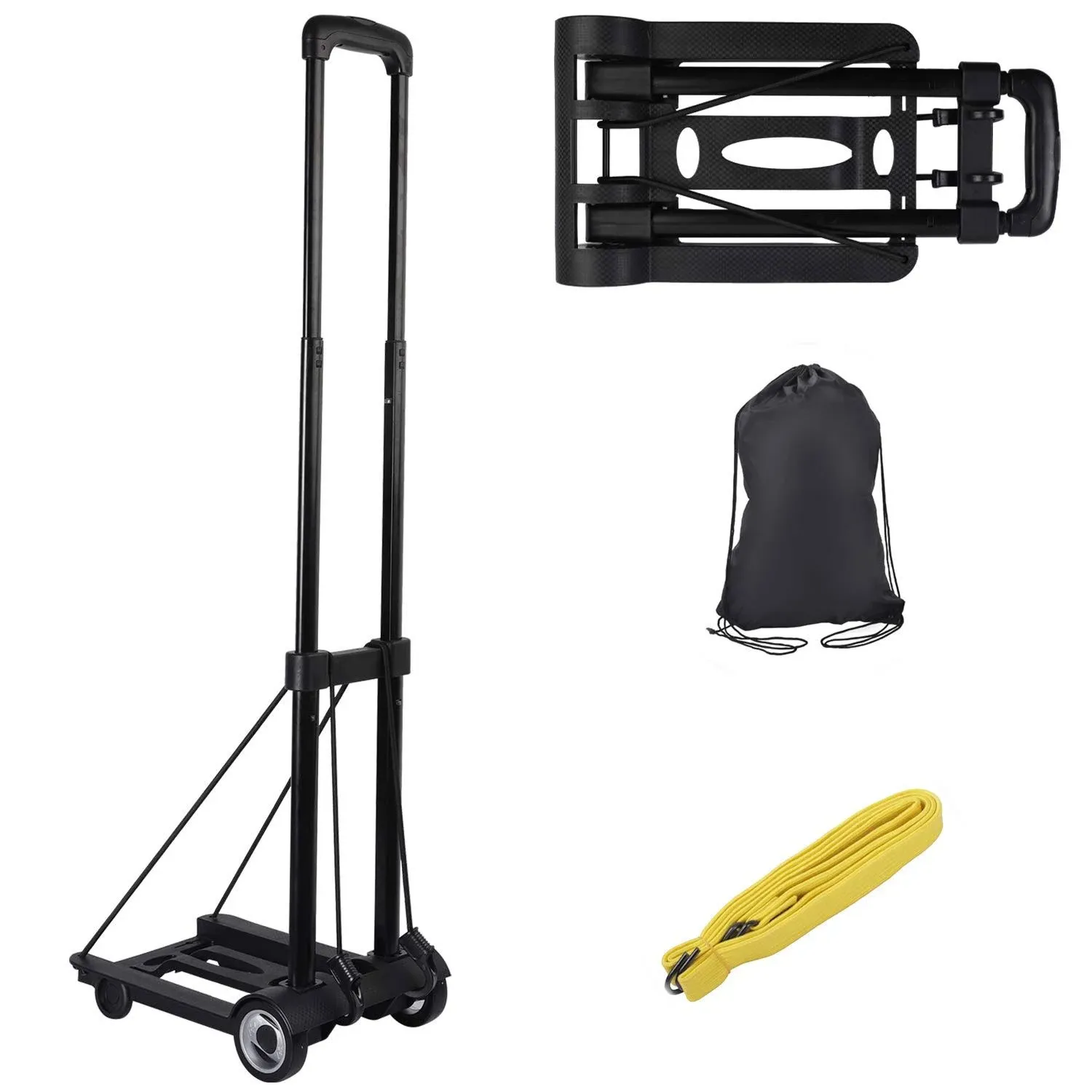 KINJOEK 25kg 55lbs Folding Hand Truck, Solid Construction Utility Cart for Luggage with 2 Oversized Wheels Bonus Bungee Cord, Collapsible, Lightweight and Compact Luggage Dolly Cart for Travel, Black