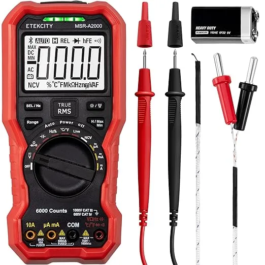 Etekcity Digital Multimeter Voltmeter Tester TRMS 6000 Counts, AC DC Current Voltage Meter, Amp, Ohm, Diode, Capacitance, Frequency, Temperature, NCV, Resistance, Red, MSR-A2000