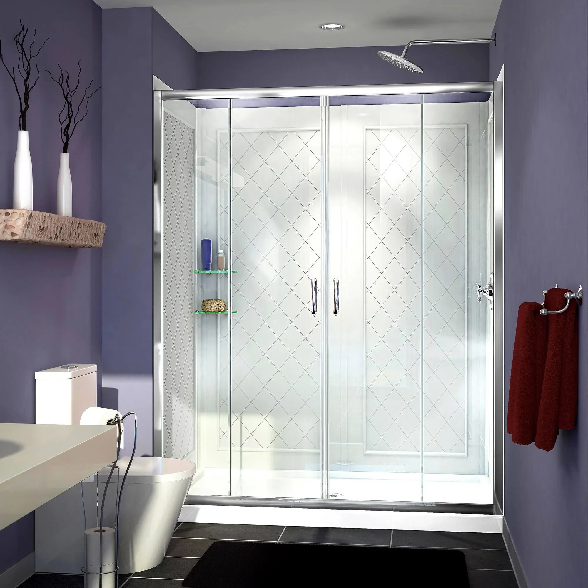 DreamLine Visions 36 in. D x 60 in. W Sliding Shower Door in Chrome with Right Drain White Acrylic Base and Backwall Kit