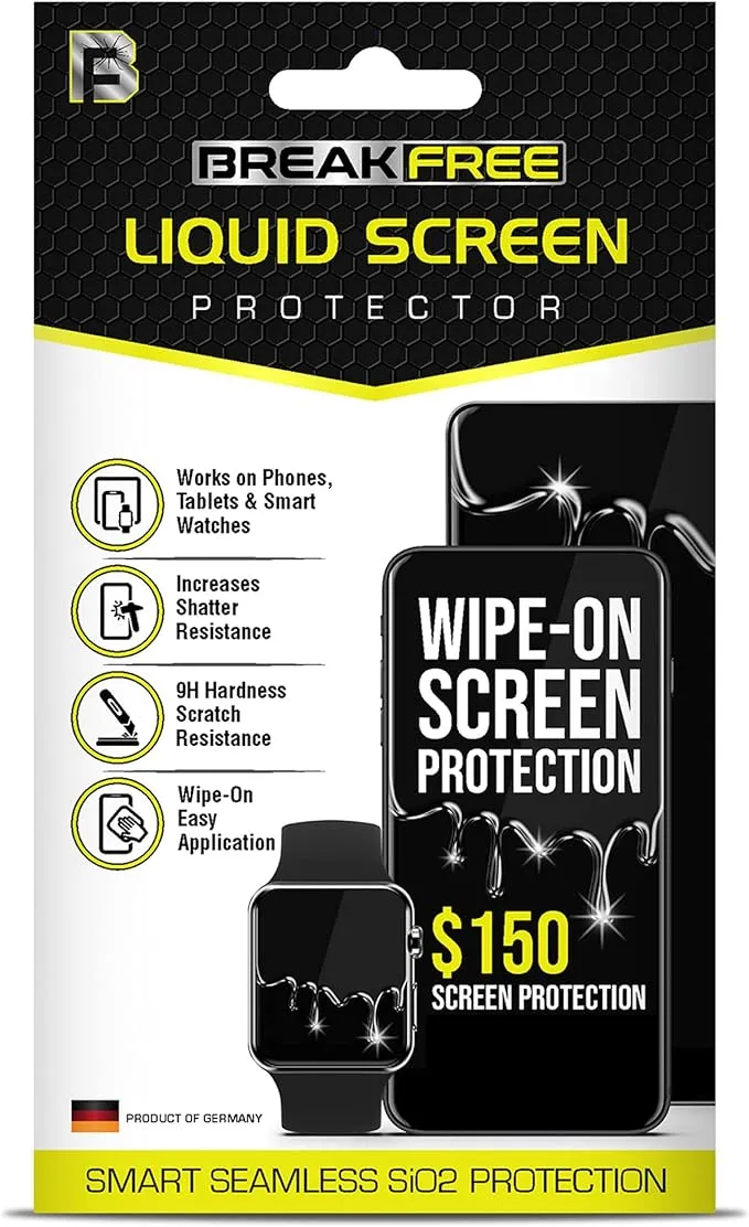 BREAK FREE Liquid Glass Screen Protector with $150 Coverage | Wipe On Scratch and Shatter Resistant Nano Protection for All Phones Tablets and Smart Watches - Universal Fit