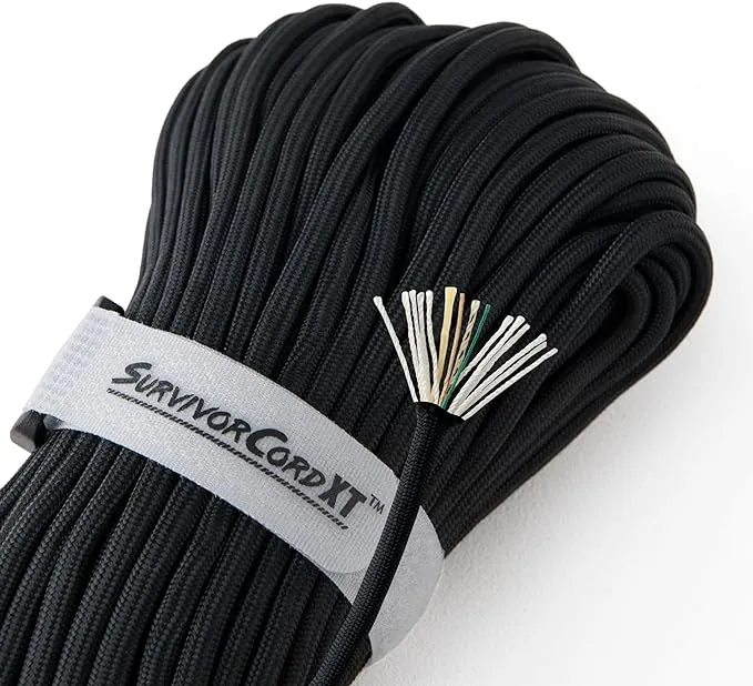 XT Paracord from Titan Survival 100ft USA Made - Patented 1000LB Strength Survival Paracord 750 with 3 Strands - Heavy Duty Military Hank Cord for Outdoors with Firestarter, Black