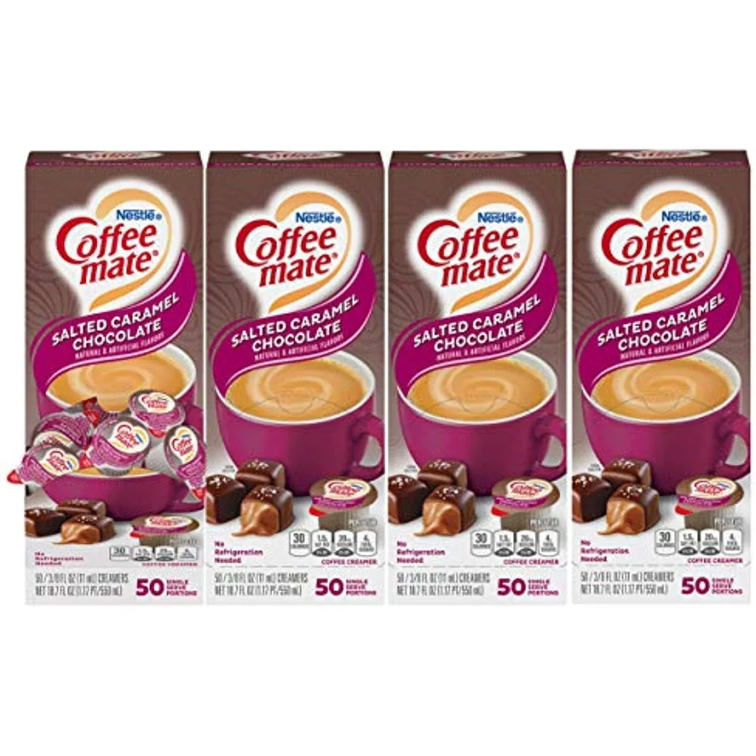 Nestle Coffee Mate Coffee Creamer, Salted Caramel Chocolate, Liquid Creamer Singles, Non Dairy, No Refrigeration, Box of 50 Singles (Pack of 4)