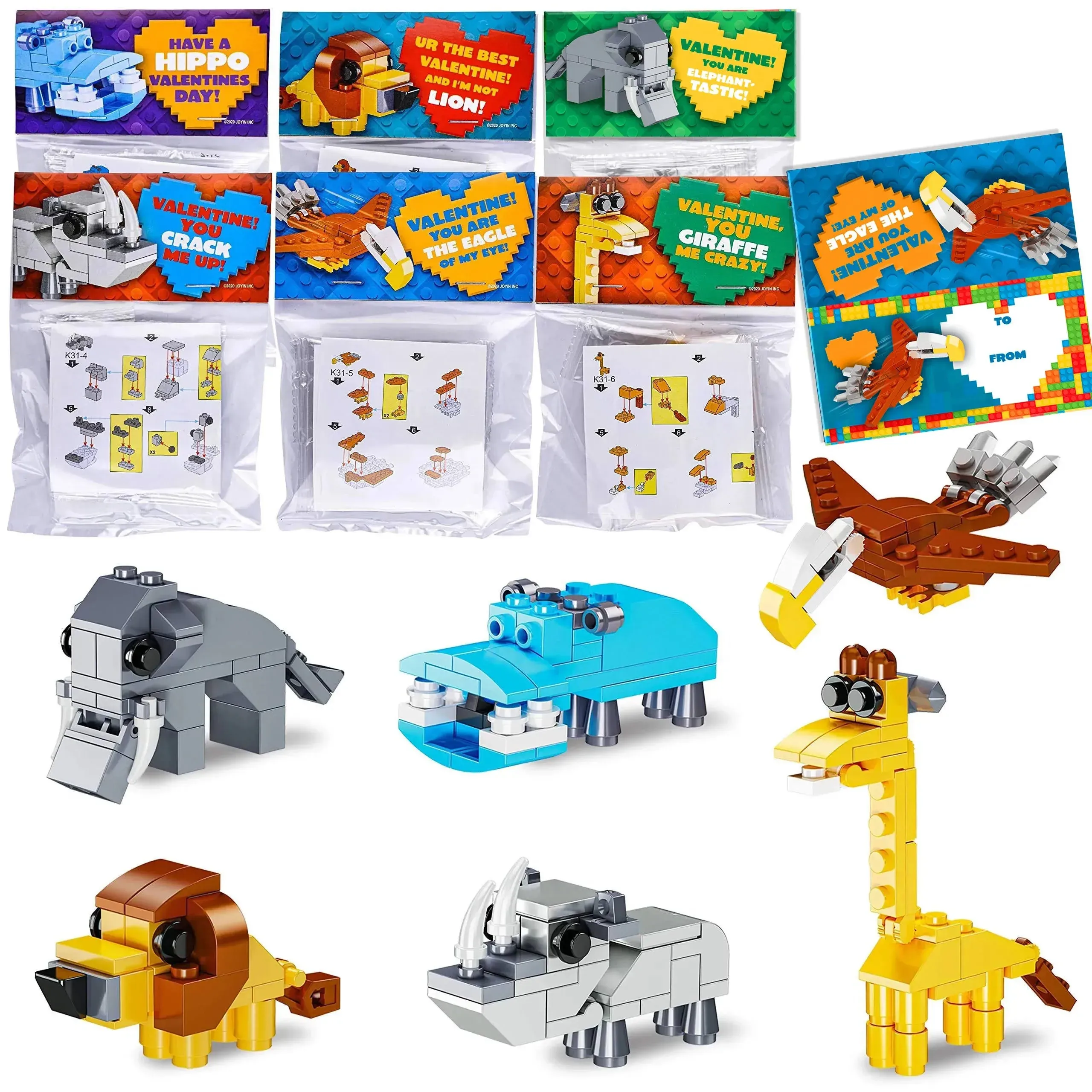 24 Packs Greeting Cards with Safari Animal Building Blocks Valentine Party