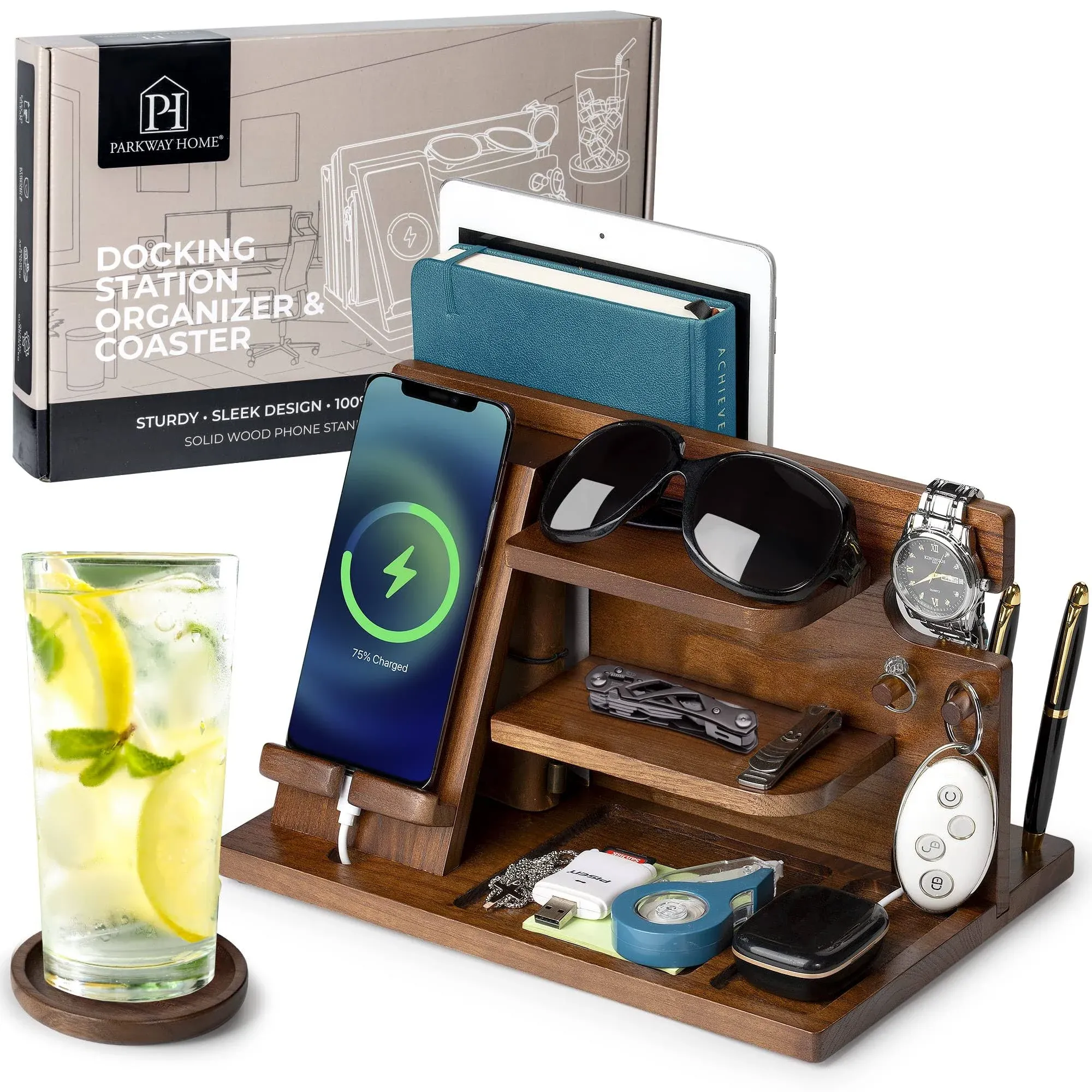 Wood Phone Docking Station - Wood Charging Station Organizer Stand, Bedside Nightstand Organizer for Men and Women, Holds Phone, Tablet, Keys, Glasses, EDC and More