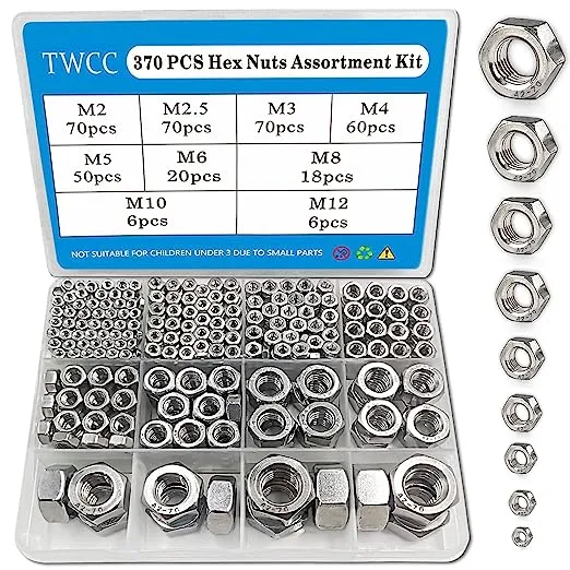 ZQZ 370 PCS Metric Hex Nuts Assortment Kit,M2 M2.5 M3 M4 M5 M6 M8 M10 M12 Stainless Assorted Hex Nuts Set (A)