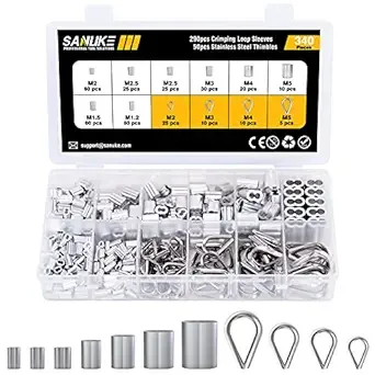 Sanuke 340PCS Stainless Steel Wire Rope Cable Thimbles Aluminum Crimping Loop Sleeve 3/64'' 1/16'' 5/64'' 3/32'' 3/16'' for Wire Rope Cable Thimbles Rigging