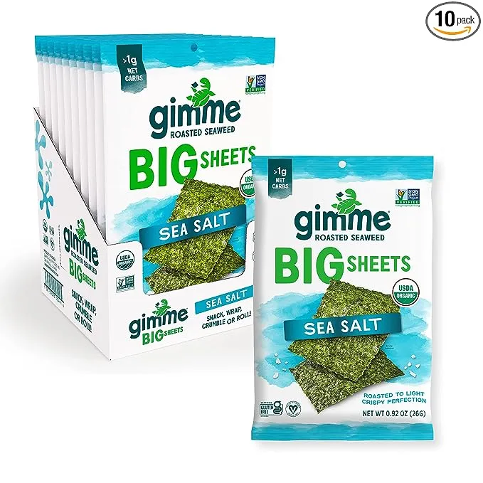 Gimme Seaweed - Sea Salt - Big Sheets - Organic Roasted Seaweed Sheets - Keto, Vegan, Gluten Free - Great Source of Iodine & Omega 3’s - Healthy On-The-Go Snack for Kids & Adults - (.92oz) - (Pack of 10)