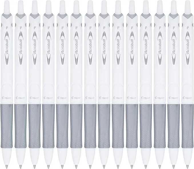 PILOT Acroball PureWhite Advanced Ink Refillable & Retractable Ball Point Pens with Blue Accents, Fine Point, Black Ink, 12-Pack (31850)