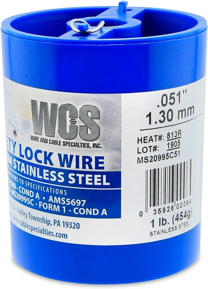 Lock Wire, T302/304 Stainless, NASM20995, MS20995C, ASTM A580 Cond A, AMS5697, .025 in (0.63 mm), 1 lb (0.45 kg) Dispenser Can, approx. 595 ft (181 m)