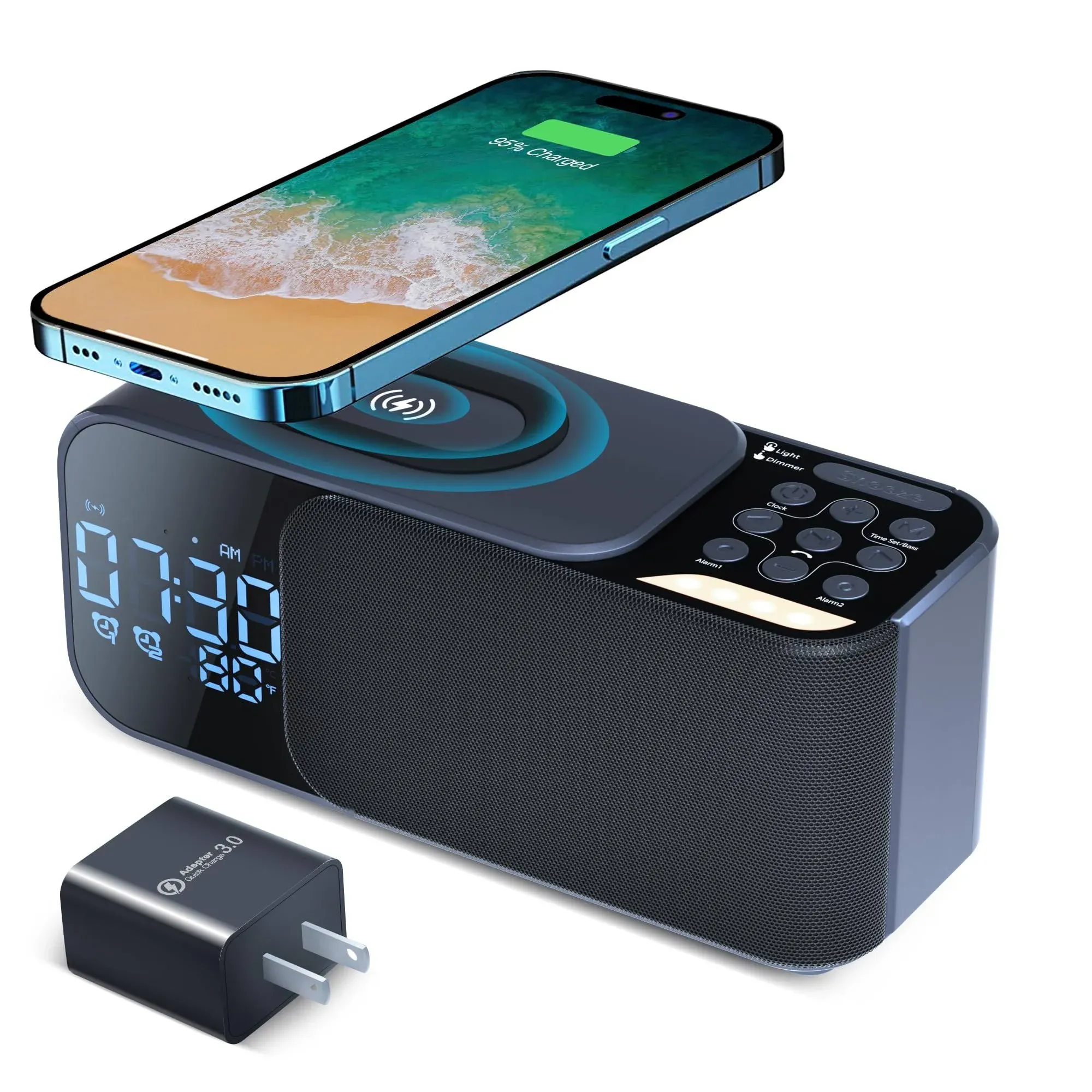 Blonbar 2023 Newest Alarm Clock Radio with Wireless Charging Bluetooth Speaker ...