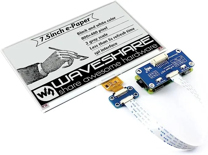 Waveshare 7.5inch E-Ink Display HAT Compatible with Raspberry Pi 5/4B/3B/Zero/Zero W/Zero 2W/Pico/Pico W/Pico WH, 800×480 Resolution SPI Interface