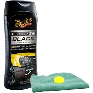 Meguiar's Ultimate Black Plastic Restorer (12 oz) Bundle with Microfiber Cloth & Foam Pad (3 Items)