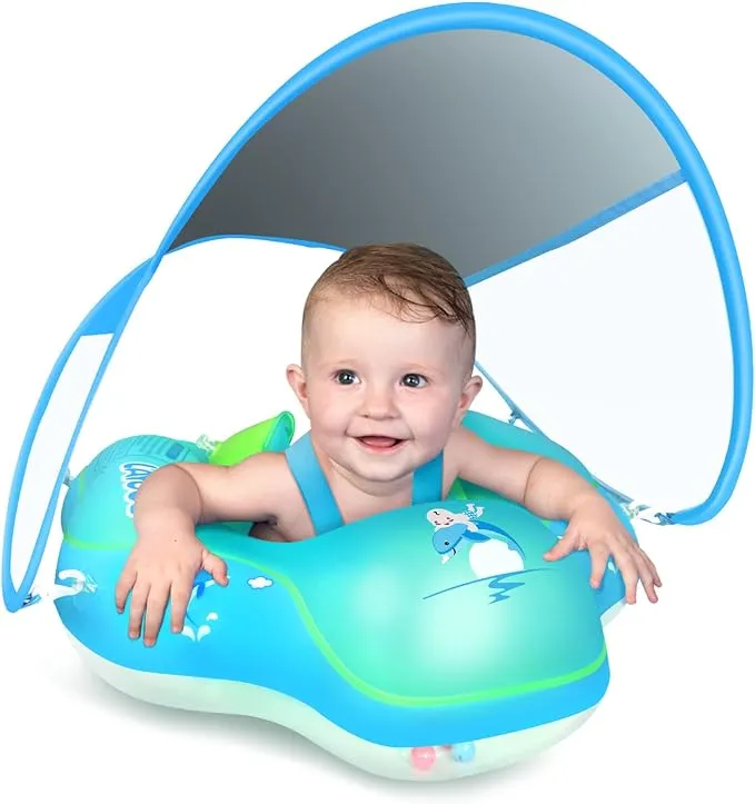 LAYCOL Baby Swimming Float Inflatable Baby Pool Float Ring Newest with Sun Protection Canopy,add Tail no flip Over for Age of 3-36 Months