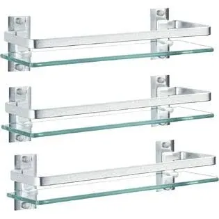 AIJALY 3 Pack Bathroom Glass Shelf,Aluminum Tempered Glass 0.34in Extra Thick Rectangular 1 Tier Storage Organizer Wall Mount,Silver 15.7in