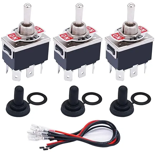 TWTADE 3 Pcs Latching Toggle Rocker Switches 6 Pin 3 Position ON/OFF/ON DPDT Heavy Duty 16A 250VAC Spade Terminal Metal Boat Switch with Waterproof Boat Cap + 6.3mm Terminal Wires TEN-1322MZX-B203