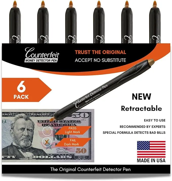 Dri Mark CFDRet6Pk Counterfeit Bill Detector Retractable Marker Pen, Made in The USA, Fake Money Checker - Money Loss Prevention Tester & Fraud Protection for U.S. Currency (Pack of 6)